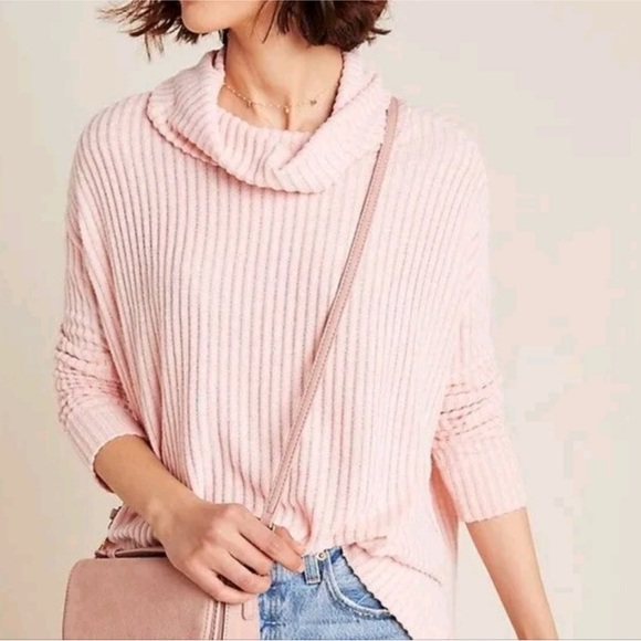 Anthropologie Maeve Pink Ribbed Knit Cowl Neck Lightweight Sweater Long Sleeve - Picture 1 of 9